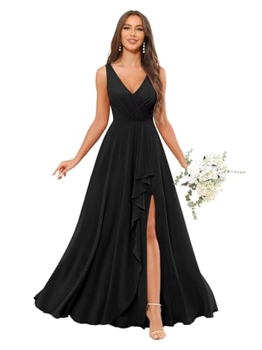 Bridesmaid Dresses for Women V-Neck Pleated Chiffon Ruffles A-Line Formal Evening Gown with Slit