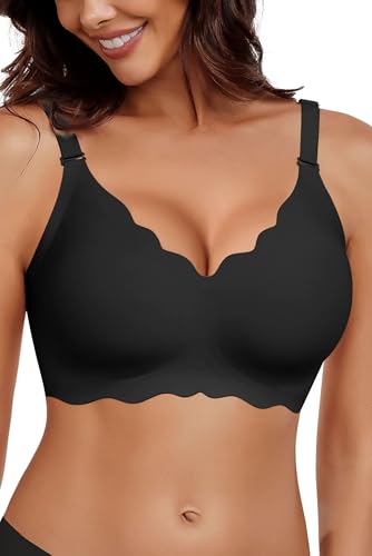 HORISUN Wireless Seamless Bras for Women No Underwire Wavy V Neck Soft Support Full Coverage Comfortable Bra (Black,M)
