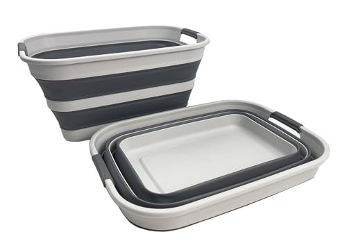 Image of SMMART Collapsible Plastic Laundry Basket with Handle /Foldable Pop Up Storage Hamper /Portable Laundry Organizer-Space Saving Washing Tub /Household Storage Supplies (Grey /Steel Grey, 27L (Set of 2))