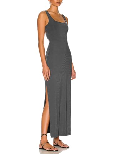 Image of ALENDA DANMOS Women Backless Maxi Dress High Sides Slit Bodycon Tank Dress Twist Low Back Casual Sundress 122