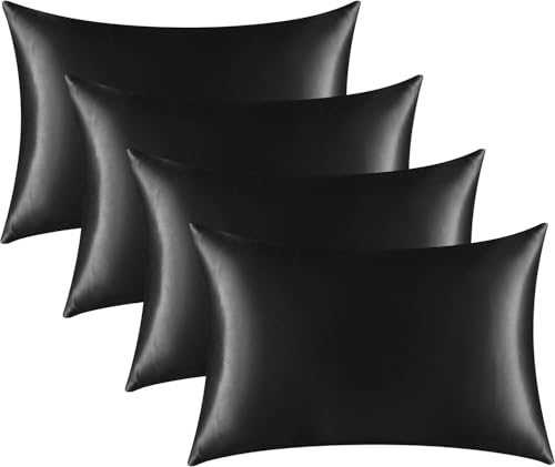Satin Pillowcase for Hair and Skin, Black Pillow Cases Standard Size Set of 4 Pack Super Soft Pillow Case with Zipper Closure (Black, King (4 Pack))