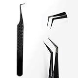 TDANCE Lash Tweezers for Eyelash Extensions, Diamond Grip 90 Degree Fiber Tip Lash Tweezers for Volume Lashes Make Fans, Stainless Steel Lash Extension Tweezers(Black-05)