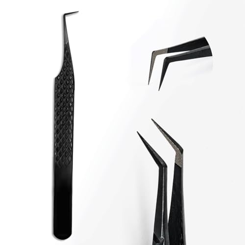 TDANCE Lash Tweezers for Eyelash Extensions, Diamond Grip 90 Degree Fiber Tip Lash Tweezers for Volume Lashes Make Fans, Stainless Steel Lash Extension Tweezers(Black-05)
