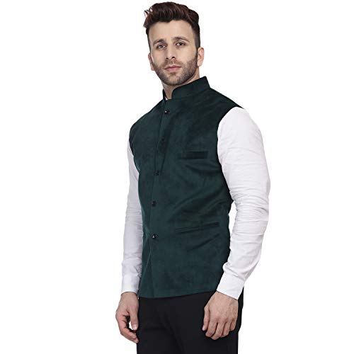 Image of Veera Paridhaan Men's Velvet Solid Green Nehru Jacket NEW