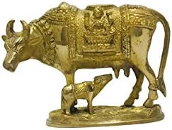 Brass Kamdhenu Cow with Calf Statue Laxmi Ganesha Brass Nandi Idol Kamadhenu for Good Luck, Prosperity Gift, Home Décor for Diwali Gifts Sculpture Statue Gold Polish Small Size- 5 inch
