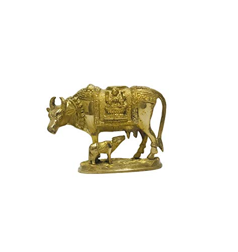 Brass Kamdhenu Cow With Calf Statue Laxmi Ganesha Brass Nandi Idol Kamadhenu For Good Luck, Prosperity Gift, Home Décor For Diwali Gifts Sculpture Statue Gold Polish Small Size- 5 Inch #TOP2