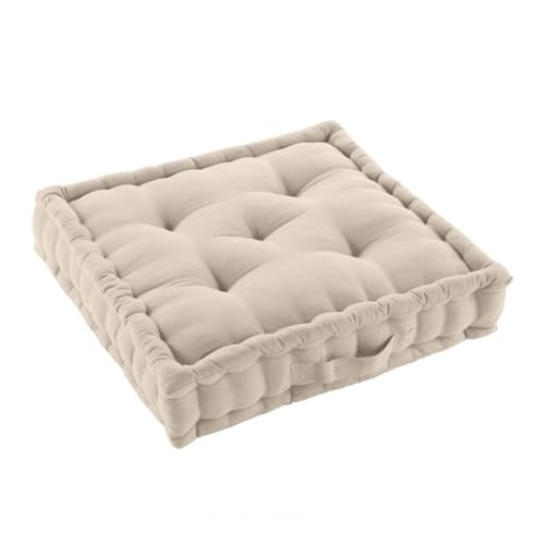 Acomoda Textil – Cojín de Suelo Acolchado con Asa de Transporte. Cojines para Palets, Banco, Silla y Suelo, Asiento Cómodo Decorativo para Interior y Exterior. (Beige, 50x50cm, 1 Unidad)
