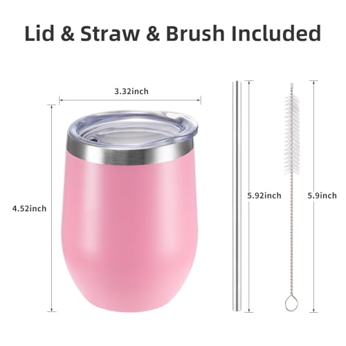 Image of 12 oz Insulated Wine Tumbler with Lid and Straw,Stainless Steel Stemless Wine Tumbler Glasses Double Wall Vacuum Wine Cups Tumbler Bulk for Coffee,Champaign,Beer,Cocktail,Office (Pink,4)