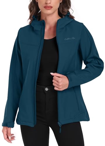 ATLASLAVA Softshelljacke Damen mit Kapuze Regenjacke Fleecejacke Wanderjacke Gefüttert Jacken Outdoor Wandern Dunkles Cyan XL