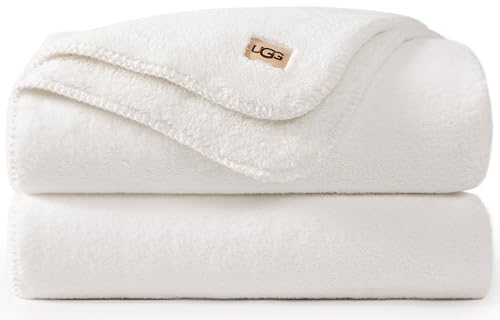 UGG Whitecap Plush Throw Blanket Fleece Lightweight Soft Cozy Throw for Couch or Bed Luxury Home Decor for Living Room Washable Hypoallergenic Blankets for Dorm Decor, 50-inch x 70-inch, White Snow