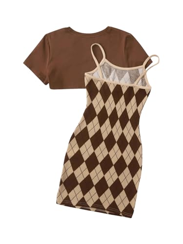 OYOANGLE Girl's Cute 2 Piece Outfits Print Cami Short Dress with Crop Top Tee Set2