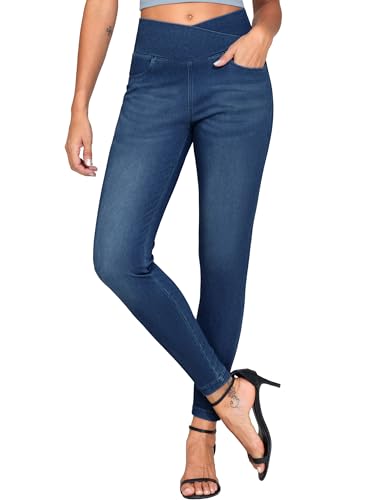 THE GYM PEOPLE Damen-Jegginghose mit V-Ausschnitt, Denim, hohe Taille, dehnbar, Skinny Jeans mit Taschen