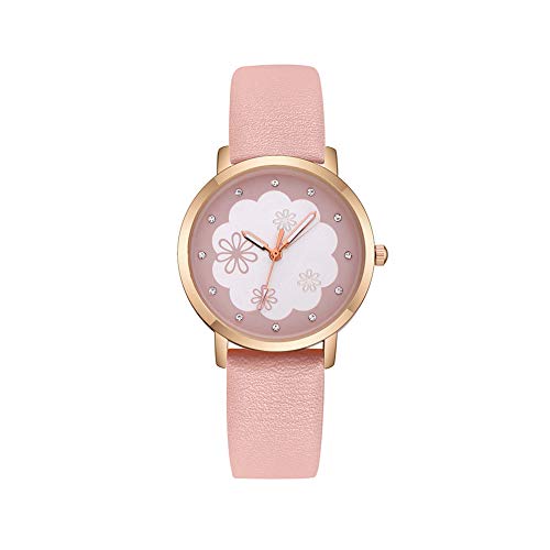 Jewelry Faux Leather Band Flower Printed Rhinestone Quartz Woman Wrist Watch,Colour Name:Pink (Color : Pink)