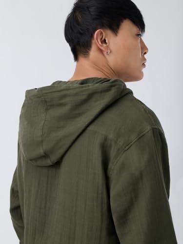 Image of The Souled Store Cotton Gauze Hoodie: Storm Men and Boys Full Sleeves Hooded Neck Olive Green Solid Textured Cotton Oversized Fit Double Cloth Everyday All-Season Hoodie