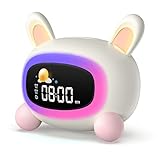 Kinder Lichtwecker, Lemnoi Kinderwecker mit Nachtlicht, Batteriebetrieben Kinder Schlaftrainer mit Snooze-Funktion, 4 Helligkeitsstufen und Buntem Licht, Digitaler Wecker für Kinder, Jungen, Mädchen
