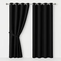 AMEHA Blackout Eyelet Curtains for Living Room 90x90 Inch Drop Blackout Curtains Thermal Insulated Energy Saving Ring Top Curtains 2 Panels & Tiebacks, Black