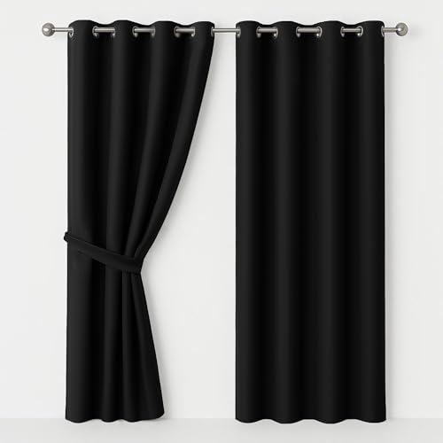 AMEHA Paire de rideaux occultants à œillets pour décoration d'intérieur avec embrasses - Isolation thermique - 168 x 137 cm - Noir