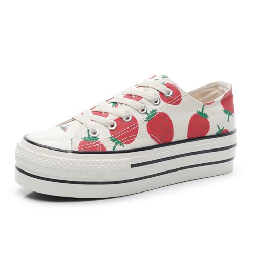 Print Leopard Y2K Sneakers Womens Strawberry Fashion Canvas Platform Sneakers with 1.77in Thick Sole Spring Summer Aesthetic Casual Shoes
