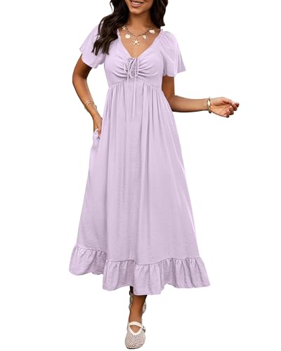 Image of BTFBM Womens Summer Dresses 2026 Casual Short Sleeve V Neck Drawstring Wedding Guest Maxi Dresses Boho Beach Long Dress
