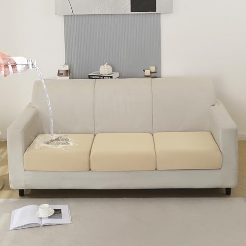 Image of HOKIPO 100% Waterproof Elastic Individual Seat Cushion Cover, 3-Piece Sofa Cushion Cover, Beige (AR-5352-BGE*3)