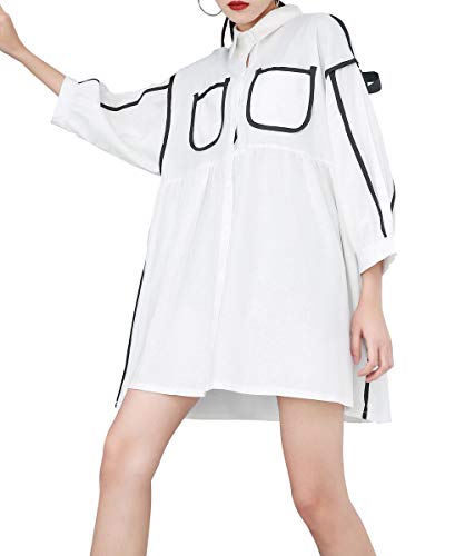 ellazhu Women Fashion Summer Button-Down Loose White Blouse Top GY1748