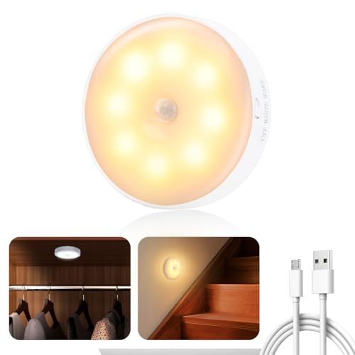 buvyuotu Lampe Détecteur de Mouvement Interieur, Veilleuse LED Rechargeable 3 Modes éclairage, Lampe Led Sans Fil Lumière pour d'escalier, Couloir, Chambre à...