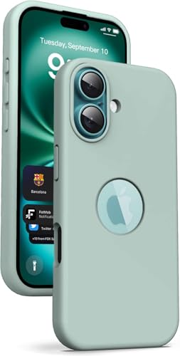 Image of Elzzi Microfiber Logo Cover Compatible for iPhone 16 Plus Case Liquid Silicone Cases Full Body 4 Layer Protective Covers Shockproof Back Cover (Mint)