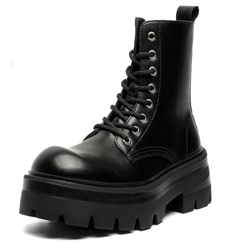 Men's Leather Lace-up Platform Combat Boots Leather Platform Oxfords Retro Wide Toe Side Zipper Comfort Chunky Heel Lug