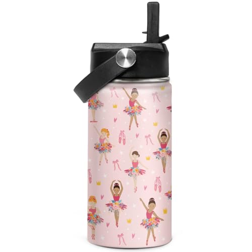 SANDJEST Botella de agua para niños, botellas de agua de ballet de 18 onzas con popote, vaso de acero inoxidable aislado para viajes, escuela, doble pared, taza al vacío para niñas y niños