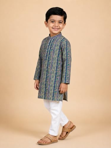 Image of The Mom Store Boys Printed Cotton Kurta Pajama Set With Jacket | Soft And Comfortable Ethnic Wear For Baby /Kids Boys | Full Sleeves Kurta Pyjama Set | Traditional Indian Outfit