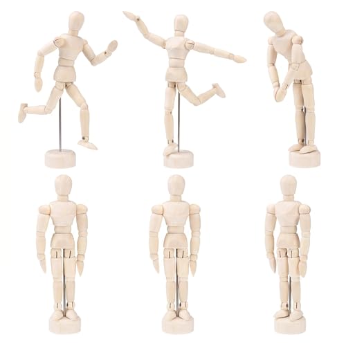 Image of DOITOOL 4.5 Inch Artists Wooden Manikin, 6 Pack Wooden Joints Drawing Mannequin, Artist Manikin with Stand, Flexible Posable Figure Model, Art Anatomy Sketch Props, Jointed Desktop Decoration