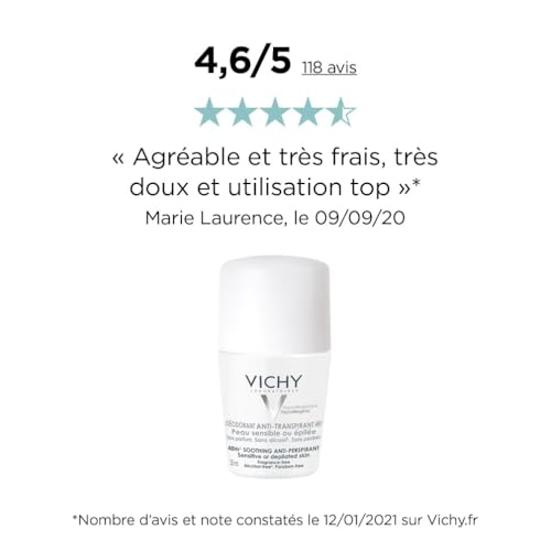 Vichy, Déodorant Anti-Transpirant 48H, Roll-On, Protège et Régule, Sans Alcool, Sans Parfum, Pour Peaux Sensibles, 50 ml