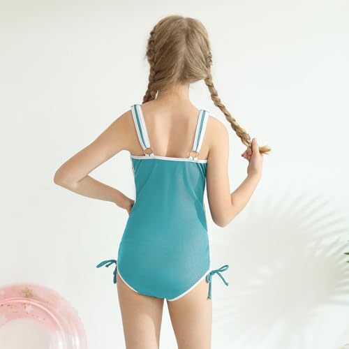 Image of Girls One Piece Swimsuits Ribbed Bathing Suit Teen Girls Adjustable Straps Drawstring Athletic Swimwear Swim Suit