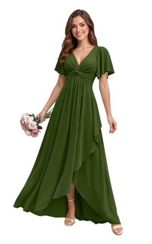 MuseBridal Womens Olive Green V Neck Bridesmaid Dresses with Slit Long Chiffon Ruffle Short Sleeves Wedding Guest Dress US0