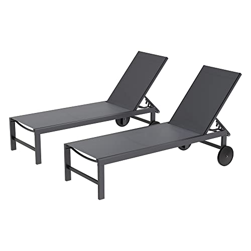 Shintenchi 2 PCS Outdoor Chaise Lounges Chair with Wheels Aluminum Reclining Patio Lounge Chairs with 5 Adjustable Position Recliner for Patio, Beach, Yard, Pool Patio Furniture Set,Dark Grey