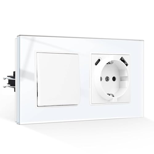 CNBINGO Light Switch with USB Socket Flush-Mounted Glass Schuko Socket with USB-A and Type-C Port (Max. 2.1 Amp Total) Tempered Glass Panel Socket with Plug-In Terminal - Single 1 Way, White