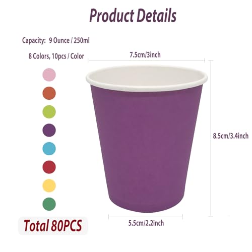 80pcs Paper Cups Party 9 Ounce Disposable Drinking Cups for Hot Drink Cold Drink 8 Multi Colors Rainbow Party Cups for Party Birthday Supplies DIY - 250ml Red Green Pink Blue Yellow Orange