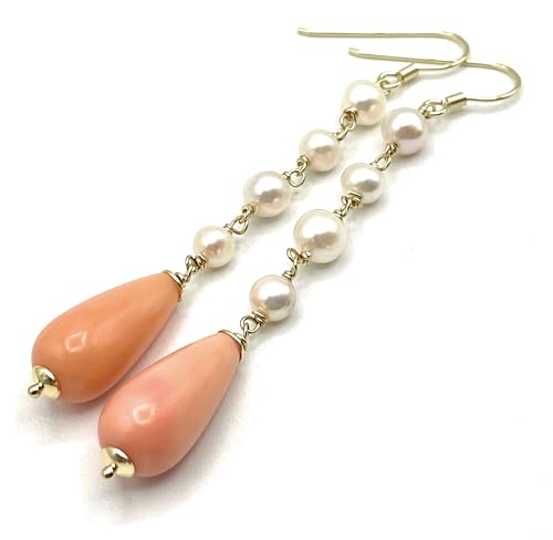 Boucles d'oreilles corail rose perles d'eau douce pendantes vermeil - 7