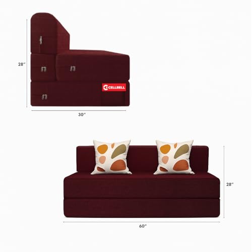 Image of CELLBELL Comfy Sofa Cum Bed 5x6 Feet | Foldable Sofa Bed with Washable Fabric Cover, Soft Cushions & Sturdy Frame | Space Saving Dual Use Couch for Living Room & Guest Use (Maroon)