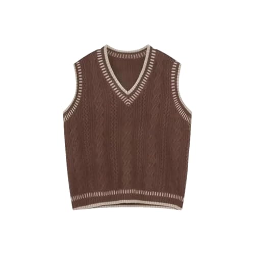 Men’S Casual Retro V-Neck Sweater Vest Loose Fit Sleeveless Pullover with Contrast Color Knit Top