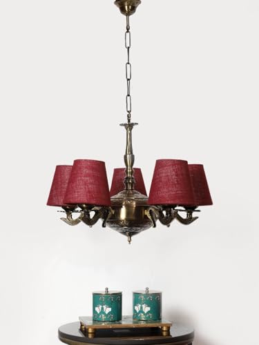 Image of Devansh 05 Lights Maroon Jute conical Shade with Antique Golden Chandelier