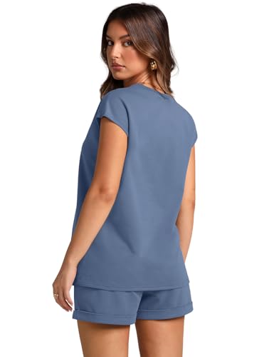 Image of WIHOLL 2 Piece Sets for Women Casual Summer Travel Vacation Outfits Cap Sleeve Shorts Lounge Set