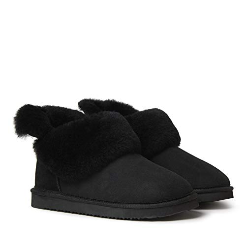 Dearfoams Women's Fireside Shearling Fold Down Bootie Slipper, Black, 9 M US