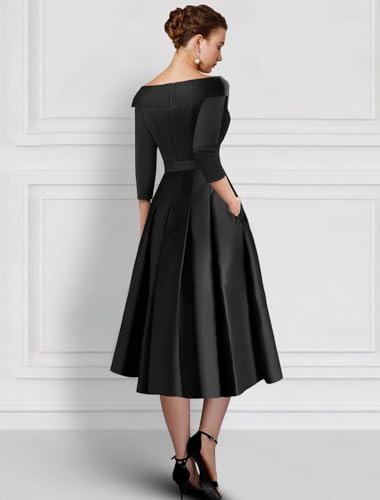 Long Sleeve Mother of The Bride Dresses Tea Length Prom Dress Applique Satin Formal Evening Gowns with Pockets3