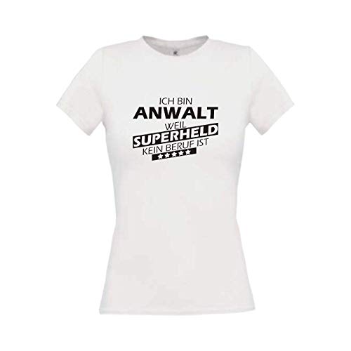 Shirtstown - Camiseta para mujer, diseño con texto en alemán 'Ich Bin Anwalt, weil Superheld kein Beruf ist Sprüche Mujer Chica Logo Tee Niki divertido Divertido Profesional formación profesional color, Blanco L