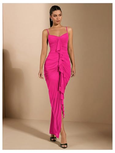 Image of Floerns Women's Ruffle Ruched Cami Dress Draped Split Elegant Bodycon Maxi Dresses