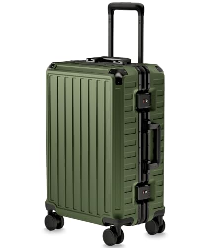 Image of Carry On Luggage with Spinner Wheels, 8010S Aluminum Frame Zipperless Polycarbonate Hard Shell Suitcase (ZX-Core), Olive Green, 21 Inch, Aluminum Zipperless Green Luggage