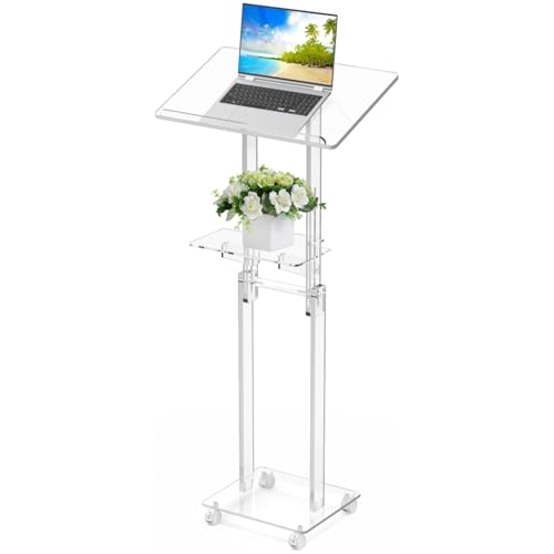 Joyoolife Acrylic Podium Stand Portable, Rolling Podium with Wheels, Clear Podium with Storage...