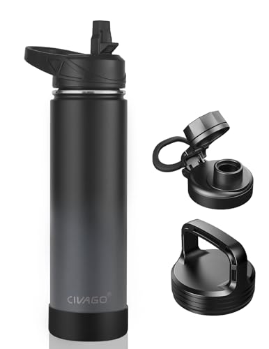 CIVAGO 24 oz Insulated Water Bottle With Straw, Stainless Steel Sports Water Cup Flask with 3 Lids (Straw, Spout and Handle Lid), Wide Mouth Travel Thermal Mug, Classic Gradient Gray