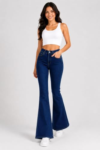 Image of Women's High Waist Bell Bottom Jeans | Flared Wide Leg Stretchable Denim Pants | Stylish Casual, Party & Everyday Wear | Denim Pant Suits | Bootcut Fit Design